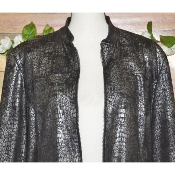 Alfred Dunner Silver Metallic Croc Print Faux Leather Full Front Zip Up Jacket S - Picture 2 of 11